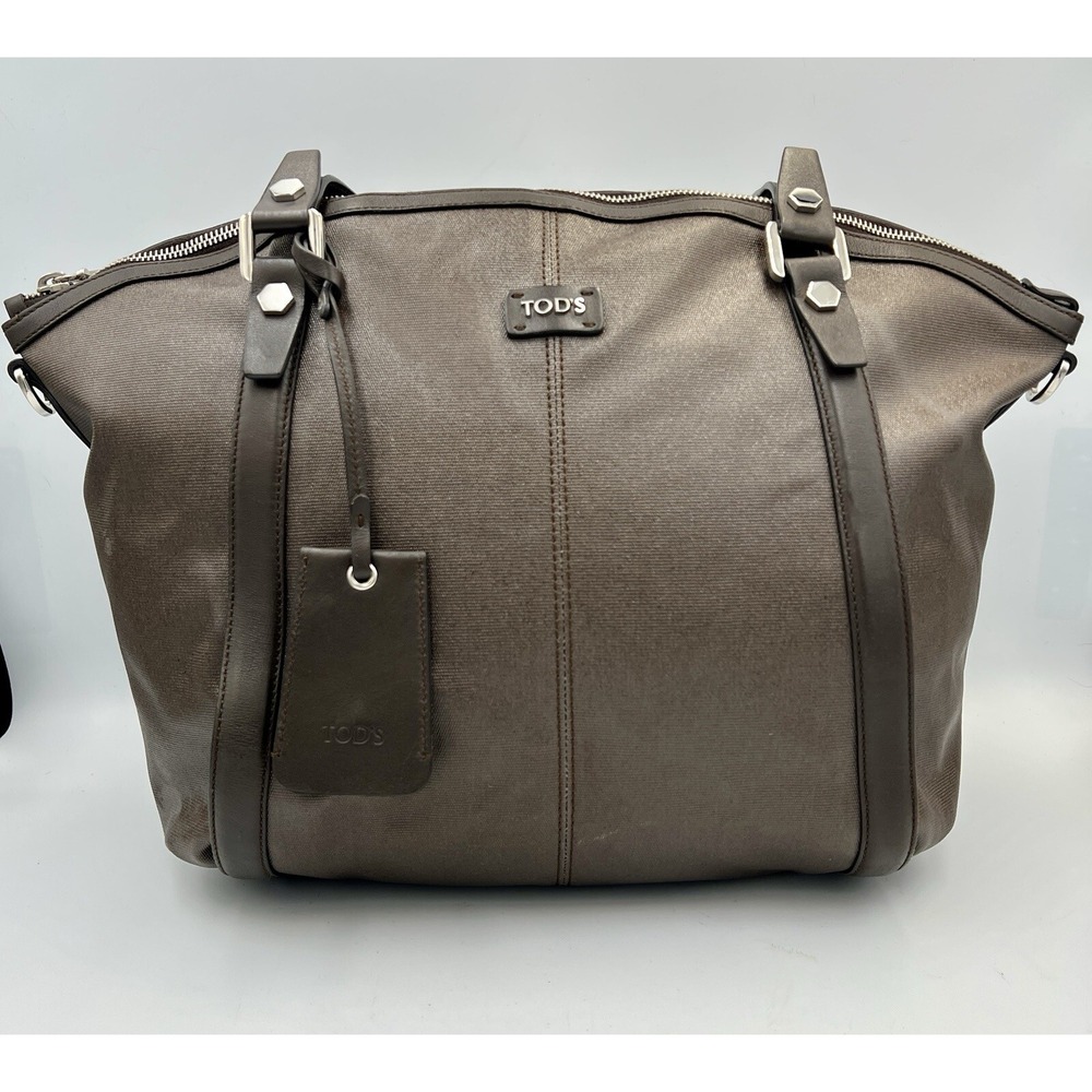 TOD'S - Gray Beige Dark Brown Coated Canvas Leather Tote Bag